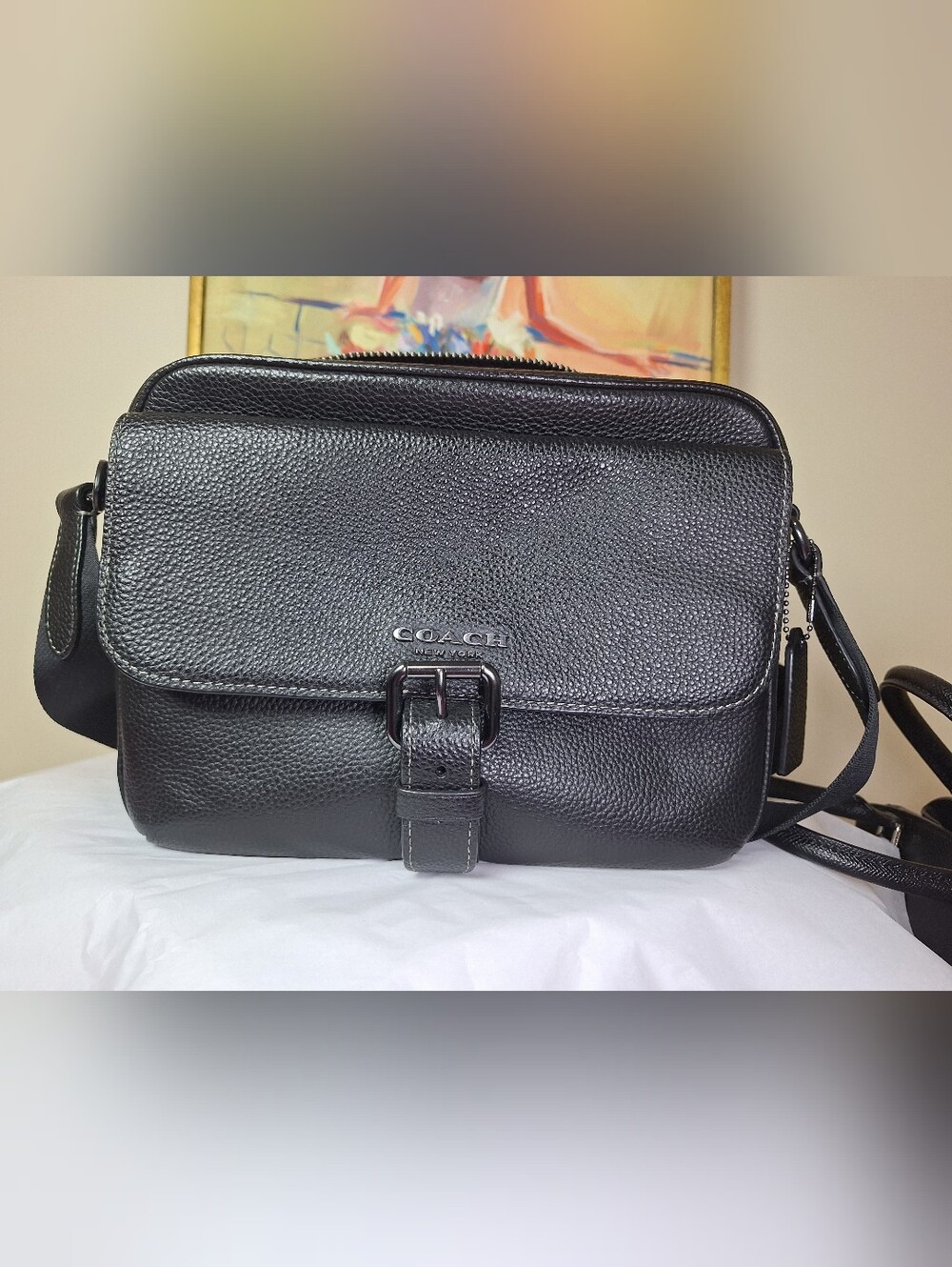 COACH Hudson Crossbody Bag Black Pebble Leather Messenger Gunmetal Unisex EUC